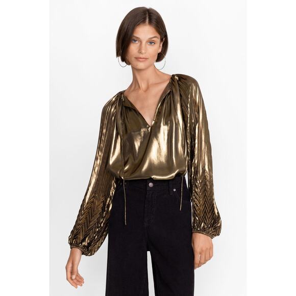 Johnny Was Jade Golden Gem Blouse Size S Gold Pleated Metallic Long Sleeve Top - Picture 1 of 13
